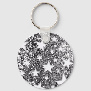 White Stars on Silver Glitter Look Keychain