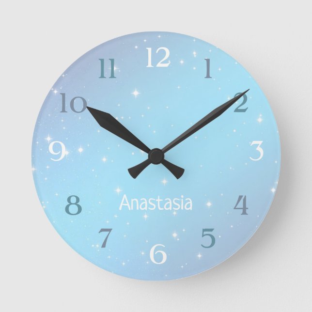 White Stars Over Colorful Sky With Name Round Clock (Front)