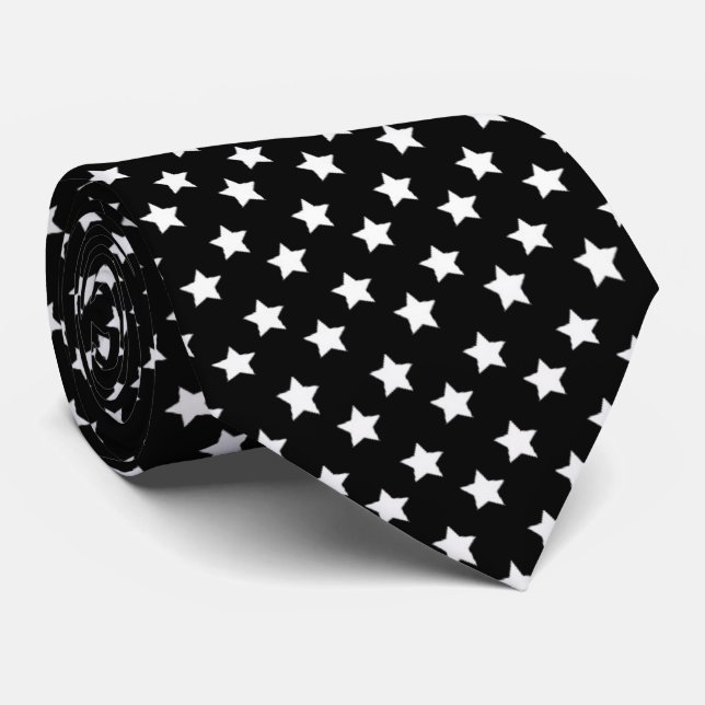 White Stars Pattern On Black Color Tie (Rolled)