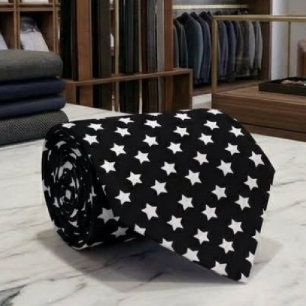White Stars Pattern On Black Colour Tie