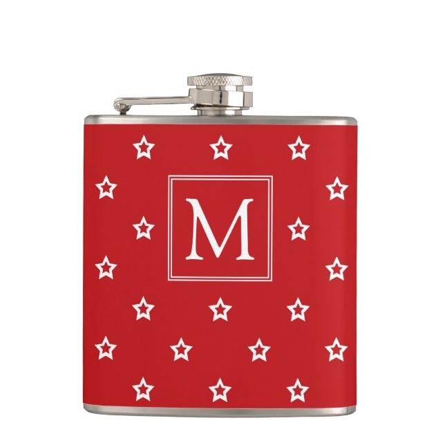 White Stars Pattern on Bright Red Monogram Hip Flask (Front)