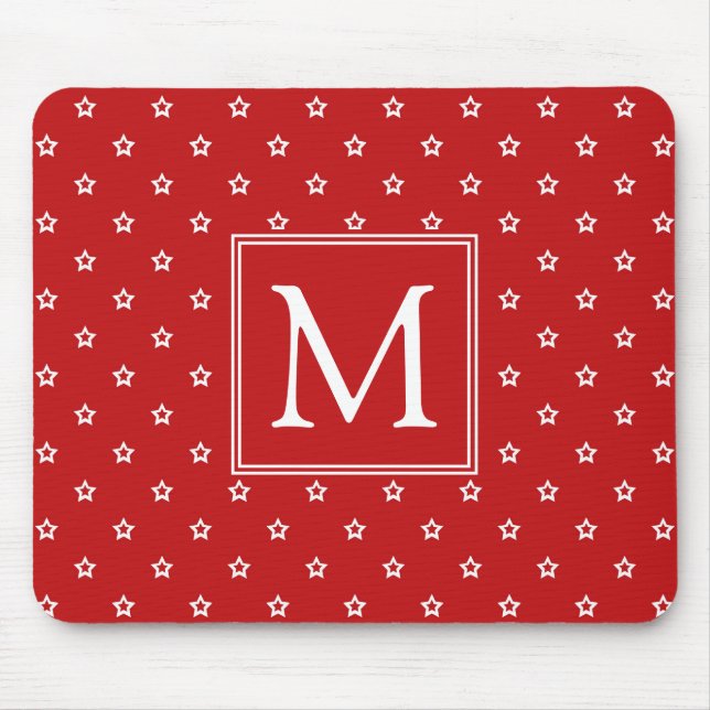 White Stars Pattern on Bright Red Monogram Mouse Pad (Front)