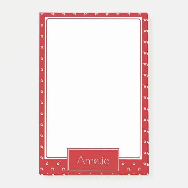 White Stars Pattern on Bright Red Personalised Post-it Notes (Front)