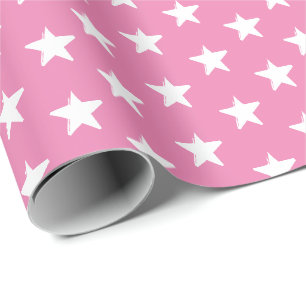 White Stars, Pink Winter Holidays Christmas Wrapping Paper