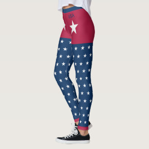 White Stars Red Blue Patriotic Customizable USA Leggings