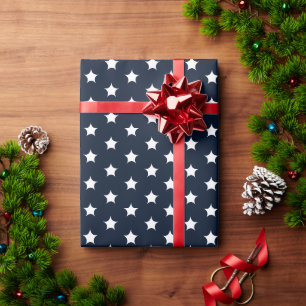 White Stars / Snowflakes, Navy Blue Pattern - Wrapping Paper