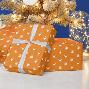 White Stars, Snowflakes, orange Winter Holidays Wrapping Paper