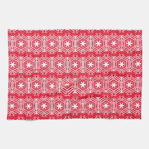 White Stars, Snowflakes, Red Christmas Holiday Kitchen Towel