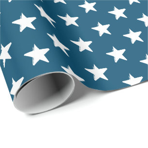 White Stars, Teal Blue Winter Holidays Christmas Wrapping Paper