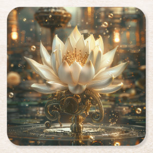 White Steam-punk Lotus Digital Art Square Paper Coaster