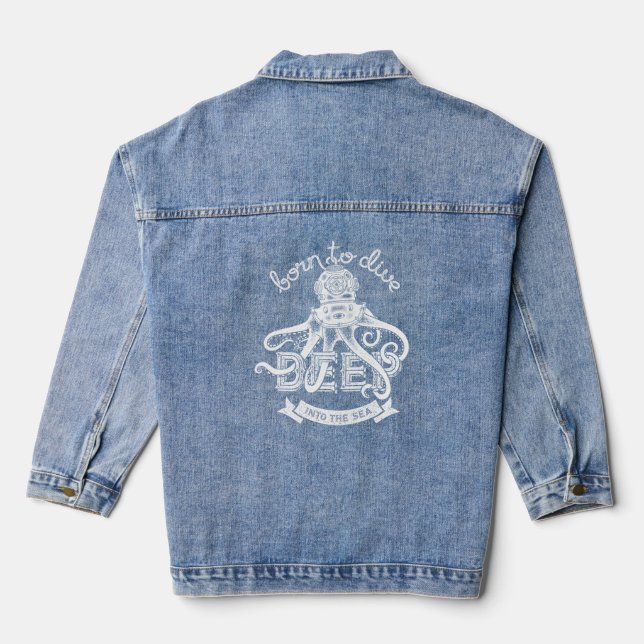 White Steam Punk Octopus Born to Dive Deep Text Denim Jacket (Back)