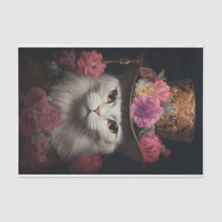 White Steampunk Cat, Roses, Decoupage Tissue Paper