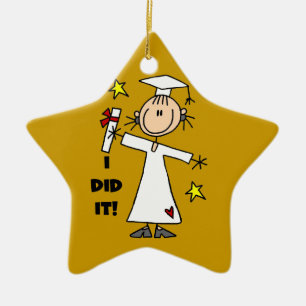 White Stick Figure Girl Graduate on Gold Ceramic Ornament