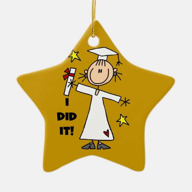 White Stick Figure Girl Graduate on Gold Ceramic Ornament (Front)