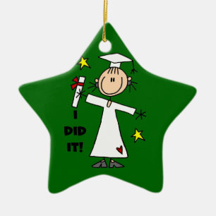White Stick Figure Girl Graduate on Green Ceramic Ornament