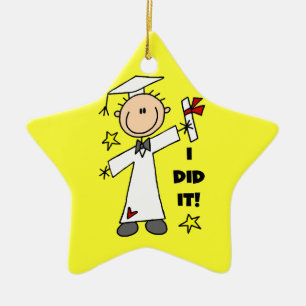White Stick Figure Male Graduate on Yellow Ceramic Ornament