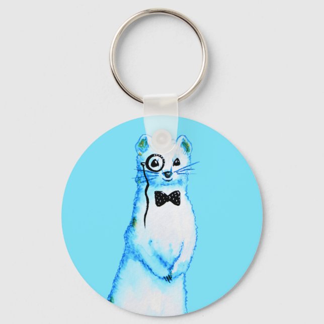 White Stoat Ermine Cute Ferret Lover Art Keychain (Front)