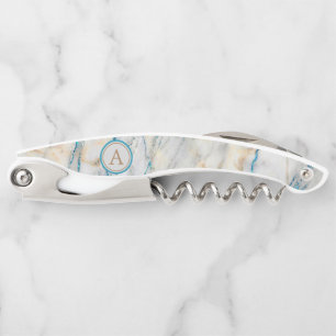 White Stone Marble Blue Glitter Monogram Corkscrew