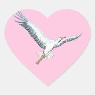 White Stork Flying Pastel Pink Heart Sticker