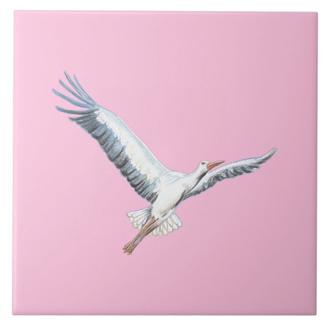 White stork flying pastel pink tile (Front)