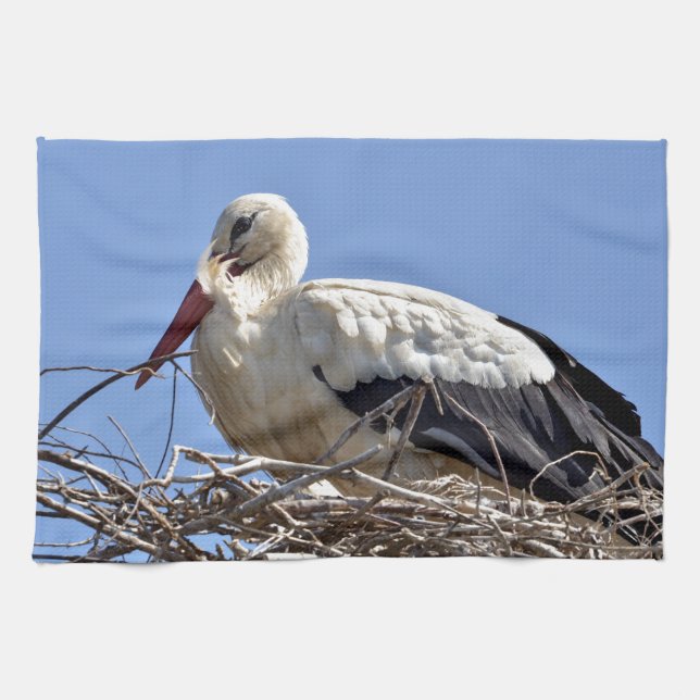 White stork in its nest kitchen towel (Horizontal)
