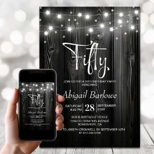 White String Lights Black Wood 50th Birthday Party Invitation