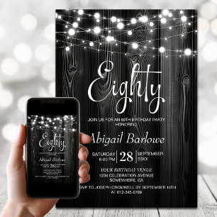 White String Lights Black Wood 80th Birthday Invitation