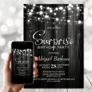 White String Lights Black Wood Surprise Birthday Invitation