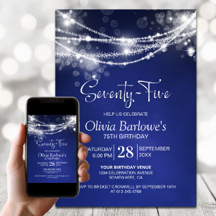 White String Lights Blue 75th Birthday Party Invitation
