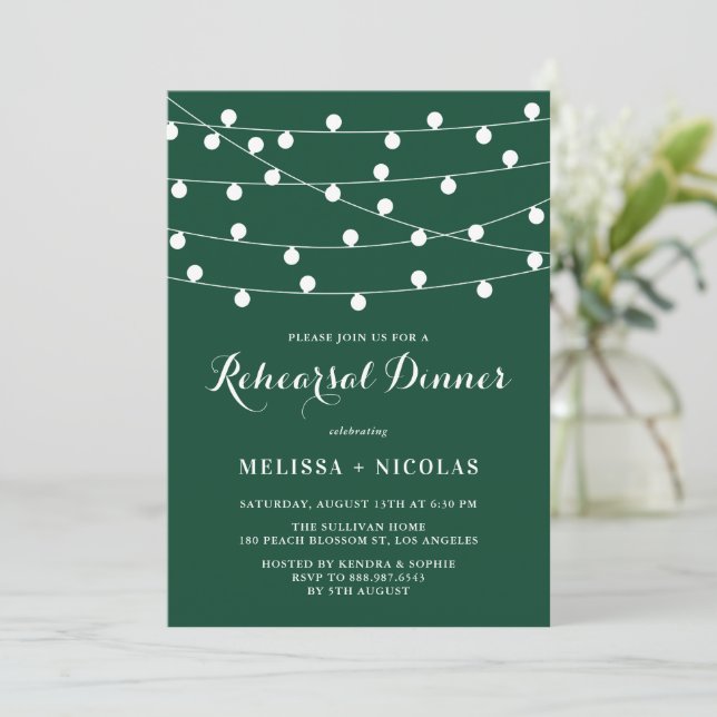 White String Lights Green Rehearsal Dinner Invitation (Standing Front)