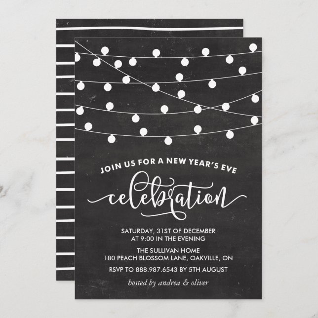 White String Lights on Chalkboard New Year's Eve Invitation (Front/Back)
