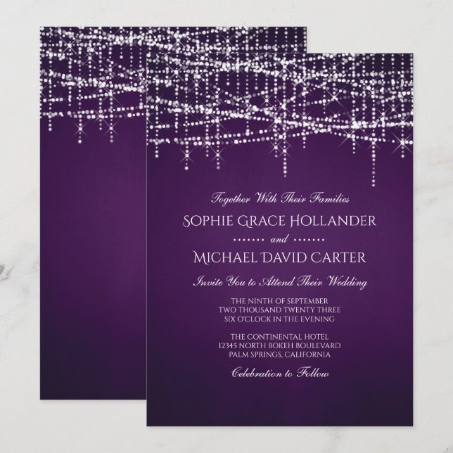 White String Lights on Royal Purple Invitation (Front/Back)