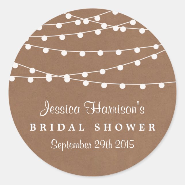 White String Lights On Rustic Kraft Bridal Shower Classic Round Sticker (Front)