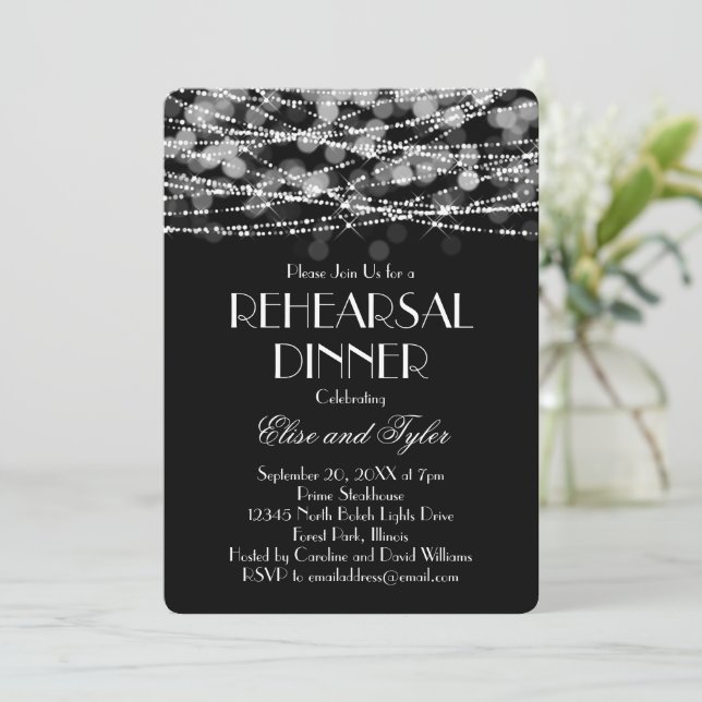 White String Lights Rehearsal Dinner Invitation (Standing Front)