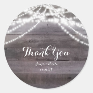 White String lights & Rustic Wood Favour Classic Round Sticker