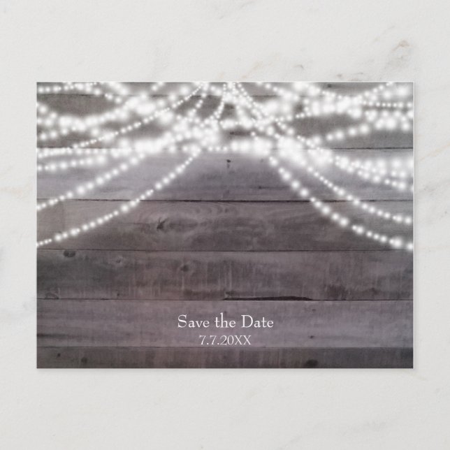 White String lights & Rustic Wood Save the Date Announcement Postcard (Front)