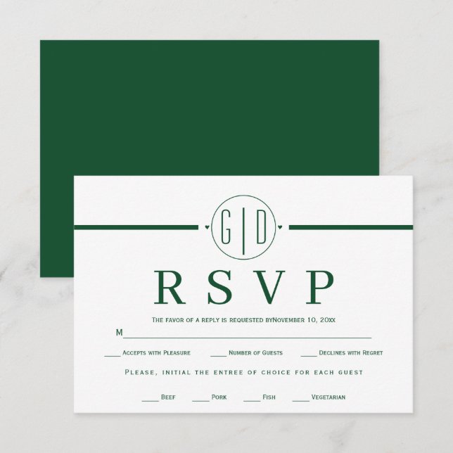 White stripe initials formal emerald green wedding RSVP card (Front/Back)