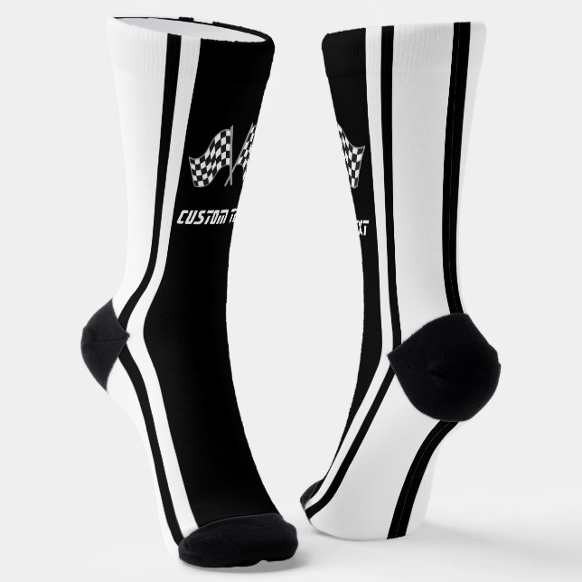 White Striped Racing Car Flags - Personalized Socks (Angled)