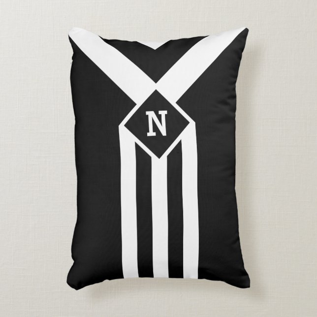 White Stripes and Chevrons on Black with Monogram Decorative Pillow (Front(Vertical))