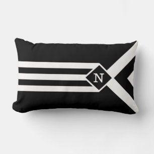White Stripes and Chevrons on Black with Monogram Lumbar Pillow