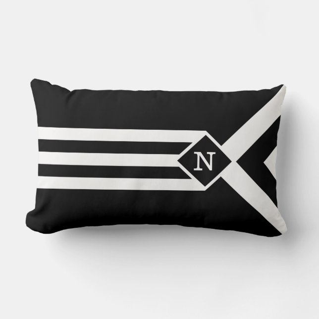 White Stripes and Chevrons on Black with Monogram Lumbar Pillow (Front)