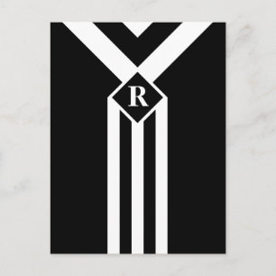 White Stripes and Chevrons on Black with Monogram Postcard