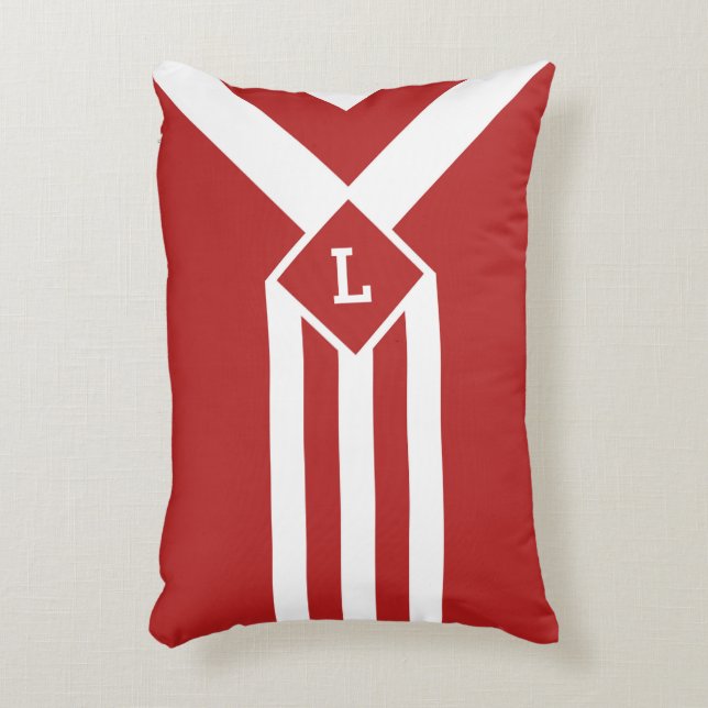 White Stripes and Chevrons on Red with Monogram Decorative Pillow (Front(Vertical))