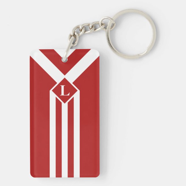 White Stripes and Chevrons on Red with Monogram Keychain (Back)