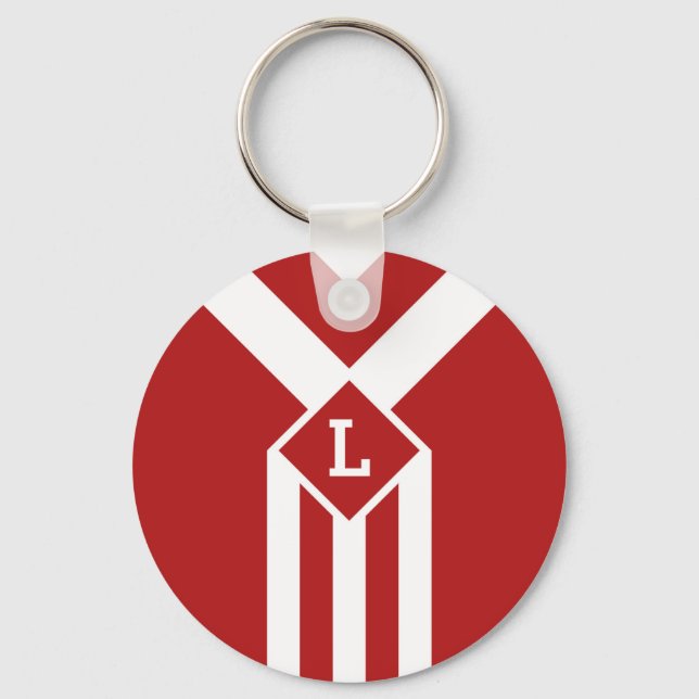 White Stripes and Chevrons on Red with Monogram Keychain (Front)
