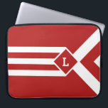 White Stripes and Chevrons on Red with Monogram Laptop Sleeve<br><div class="desc">Stylish geometric pattern features bold white stripes on a red background. Three alternating white and red chevrons end at a red diamond outlined with white. It looks like a stylized medal hanging from a ribbon. The diamond contains a customizable monogram. Three white stripes extend from the opposite side of the...</div>