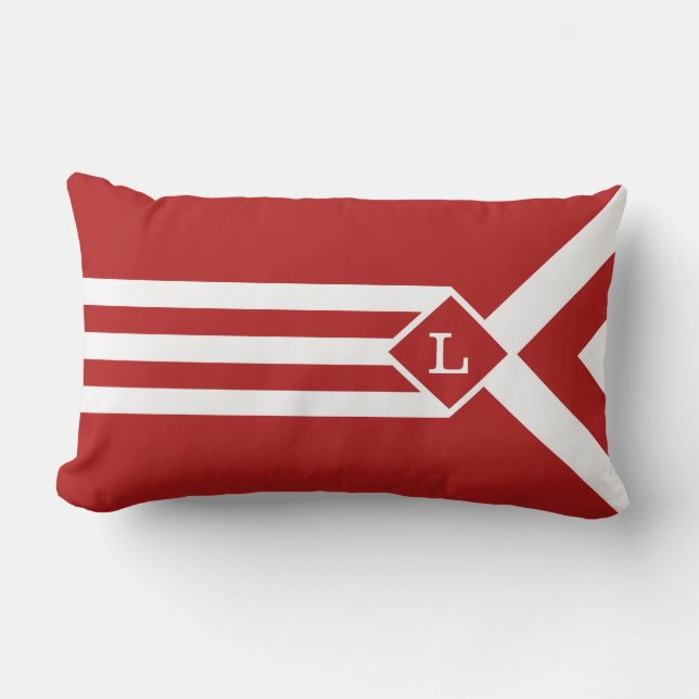 White Stripes and Chevrons on Red with Monogram Lumbar Pillow (Front)