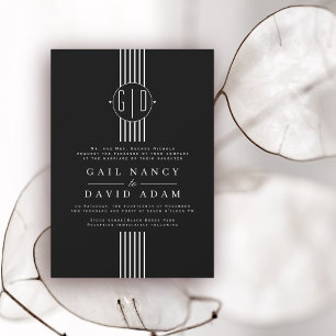 White stripes and initials black wedding invitation