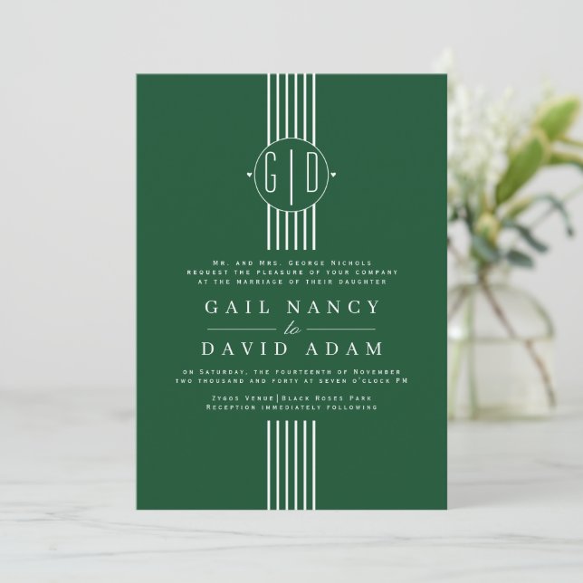 White stripes and initials emerald green wedding invitation (Standing Front)