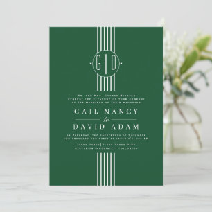 White stripes and initials emerald green wedding invitation